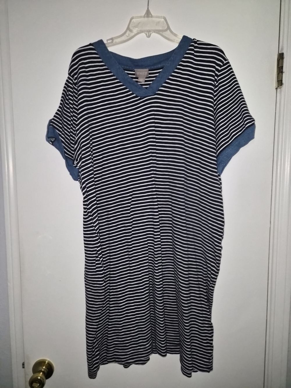 Chico's Navy & White Striped V-Neck Dress with Chambray Trim